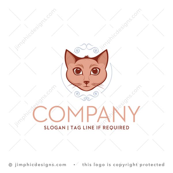 Cat Logo logo for sale: Elegant pet cat face design with big eyes to brighten emotion and a twirly background design.