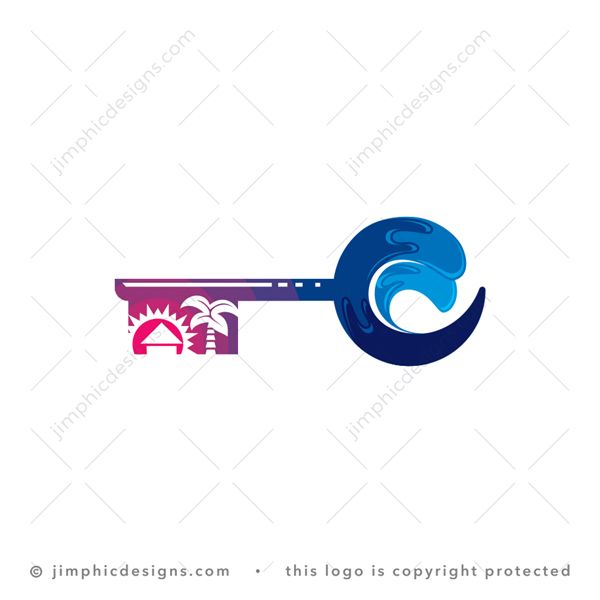 Ocean Key Logo logo for sale: Iconic key shape with ocean wave design and a tropical scenery.