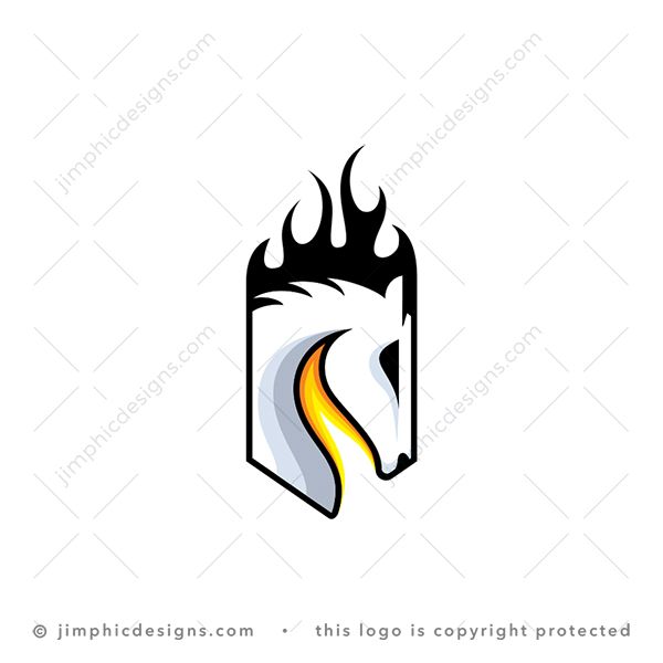 Flaming Horse Logo logo for sale: Modern and simplistic horse head design inside a crest shaping a negative space flame inside.