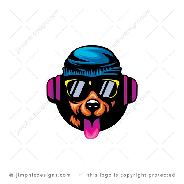 Dog Logo logo for sale: Modern dog design wearing sunglasses and a snow cap on his head while listening music through big earphones and sticking out his tongue.