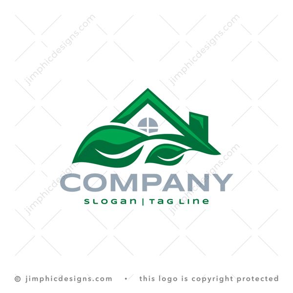 Leaf House Logo logo for sale: Iconic and modern house roof design ending with a big green leaf.