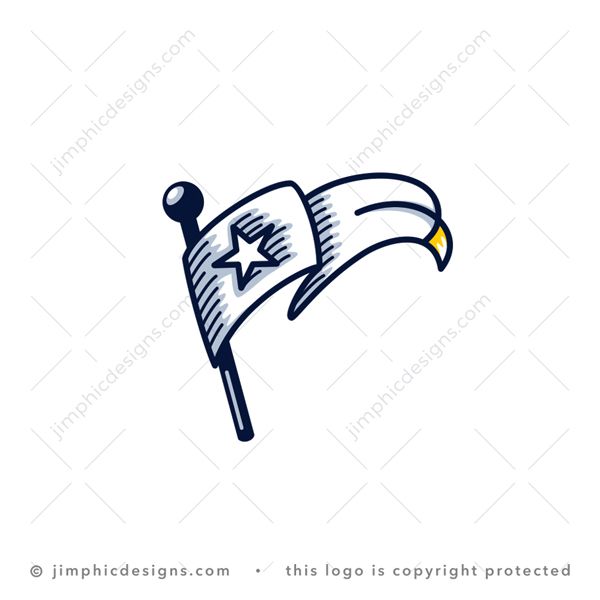 Eagle Flag Logo logo for sale: Line drawing of a flag flying from a pole and the end of the flag in the shape of an eagle head.