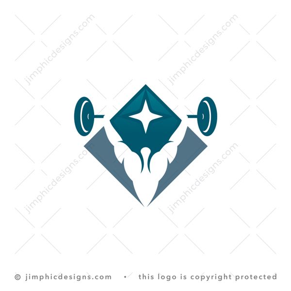 V Gym Logo logo for sale: Muscular person holding up weights above his head is shaped in the form of the letter V.