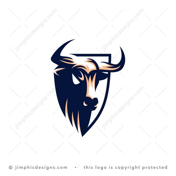 Bull Logo logo for sale: Sleek bull moving out of a secure shield shape with an angry look in his eye.