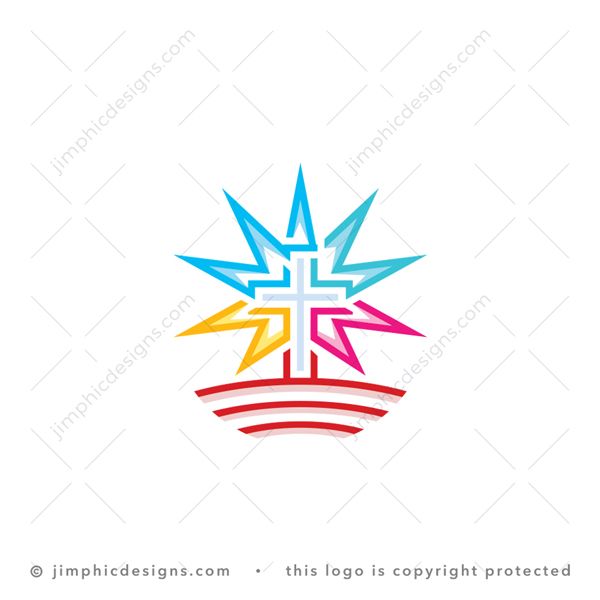 Church Logo logo for sale: Modern and simplistic Christian cross design is intertwined with rays of light behind the cross.