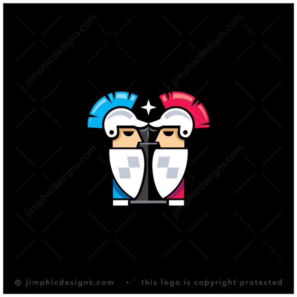 Chess Soldiers Logo logo for sale: Two simplistic soldier figures standing and facing each other creates the shape of a chess piece between them.