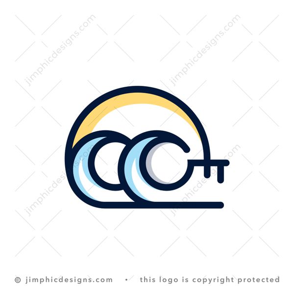 Wave Key Logo logo for sale: Charming ocean waves creates an iconic key shape with a big sun behind.