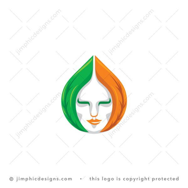 Nature Woman Logo logo for sale: Elegant female face shaped into an iconic water drop graphic with leaves on the side of her face.