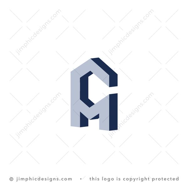 CM Logo logo for sale: Simplistic isometric image of a structure shaped as a sharp letter C on top of the letter M design.