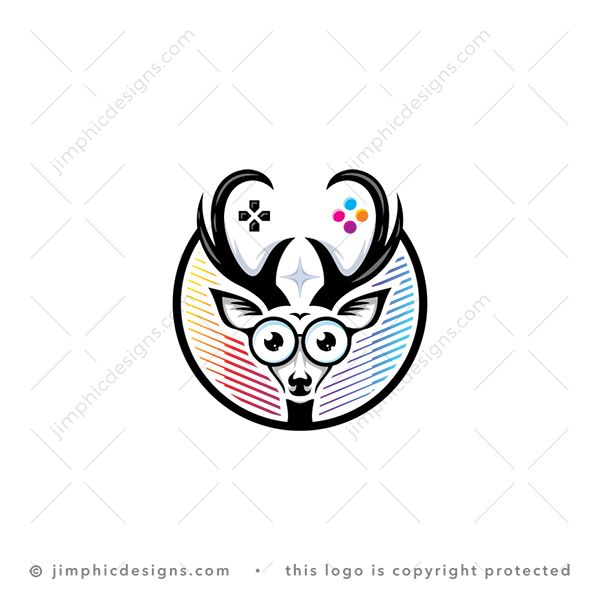 Gaming Deer Logo logo for sale: Modern deer animal inside a circle shaping a white negative space gaming controller inside his horns.