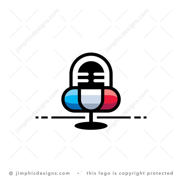 Pill Podcast Logo logo for sale: Big iconic podcast microphone graphic with a pill incorporated.