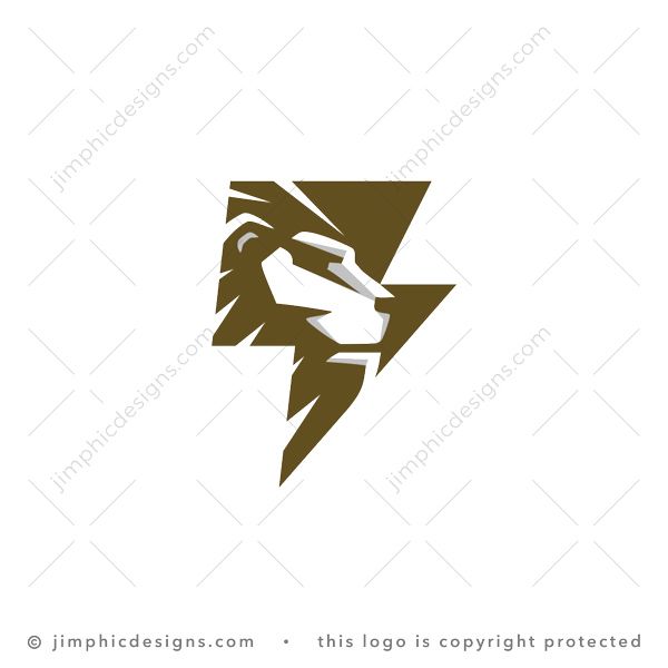 Lion Lightning Logo logo for sale: Fierce lion head is designed with white negative space inside a big iconic lightning bolt shape.