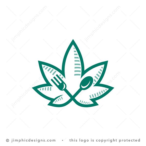 CBD Food Logo logo for sale: Modern and crafty CBD plant design. The cannabis leaf is shaped with an thick line which ends in eating cutlery. The kitchen cutlery consists of a spoon and a fork. 