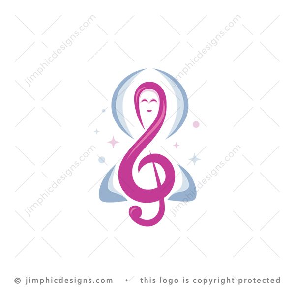 Yoga Music Logo logo for sale: Music note shaped around a person with long hair in a yoga position.