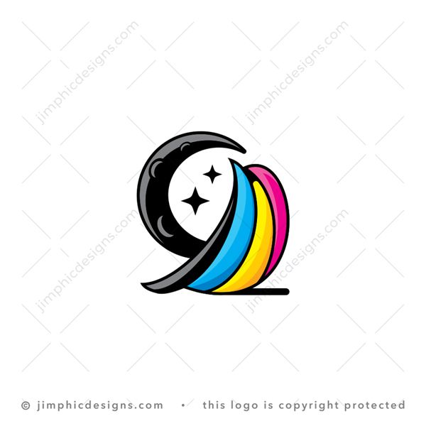 Cmyk Bird Logo logo for sale: Sleek bird design sitting in front of the moon and stars, is shaped with the four printing colors.