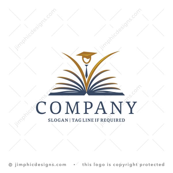 Education Logo logo for sale: Abstract person holding his arms up wide in the same shape as the book with the pages open.