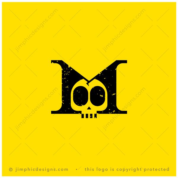Skull M Logo logo for sale: Charming Sans Serif uppercase letter M design featuring a negative space skull inside.
