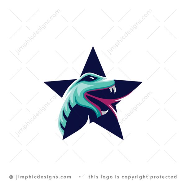 Cobra Star Logo logo for sale: Sleek cobra snake with his mouth open wide and striking tongue inside a star shape.