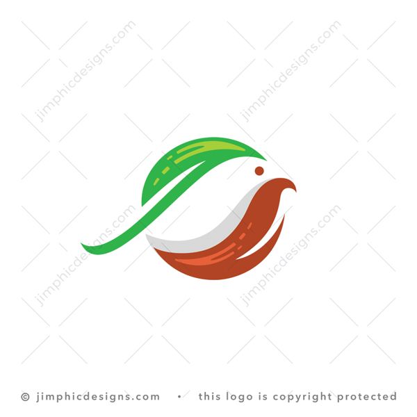 Leafy Bird Logo logo for sale: Modern and simplistic bird is shaped inside a circle with two leaves.