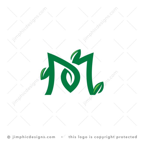 M Logo logo for sale: Modern and simplistic letter M design is shaped with some green leaves growing from it.