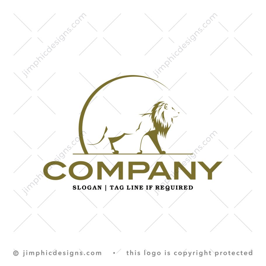 Lion Logo logo for sale: Minimalist lion is walking with the sun behind him shaped with an half arc.