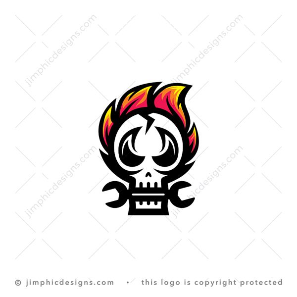 Skull Wrench Logo logo for sale: Sleek skull with flames on his head biting a big wrench stool between his teeth.