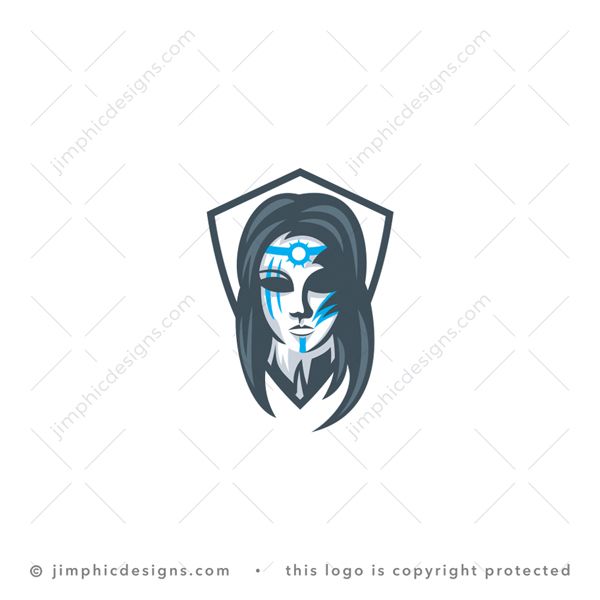 Warrior Logo logo for sale: Modern woman warrior face design is shaped with the shadows in her face inside a shield.