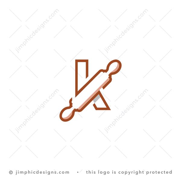 K Roller Logo logo for sale: Modern baking roller pin design is shaped inside a big letter K outline.