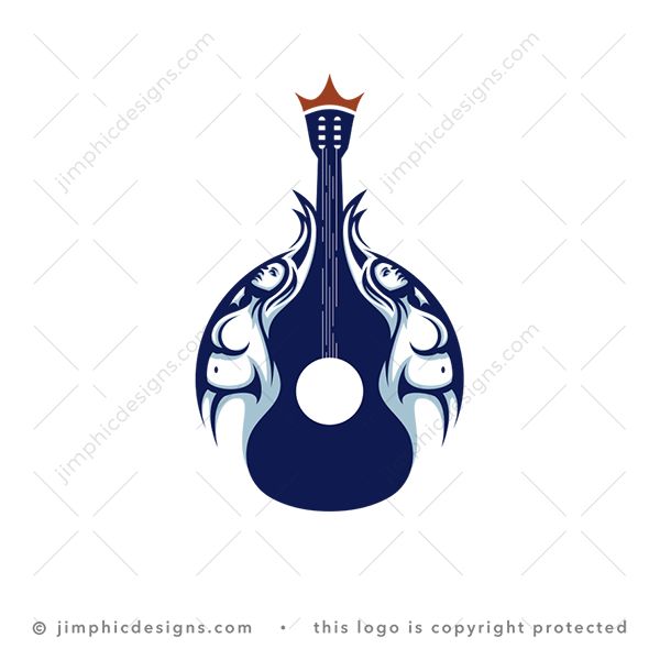 Naked Music Logo logo for sale: Two modern large woman in a dancing motion shaped with white negative space creates a big guitar in the center.