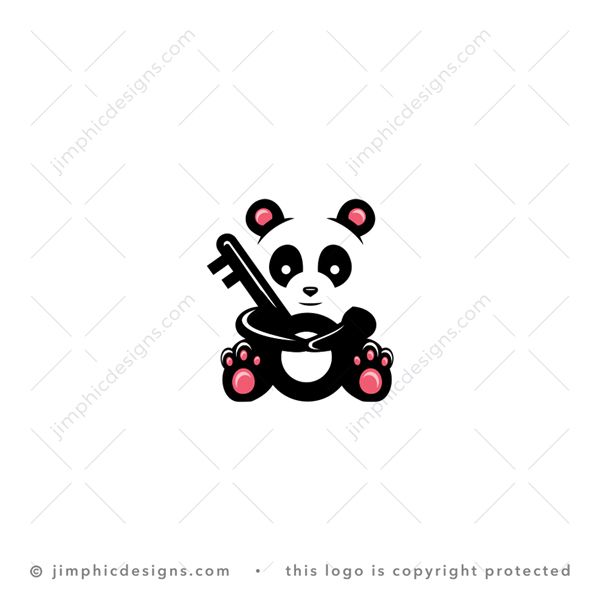 Panda Key Logo logo for sale: Modern panda sitting on the ground and holding a big key in his arms.