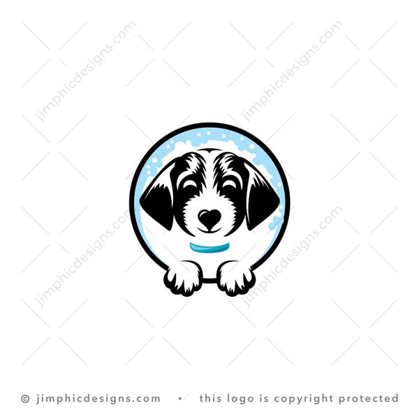 Dog Logo logo for sale: Very happy dog inside a circle with his nose in a slight heart shape and paws hanging outside.