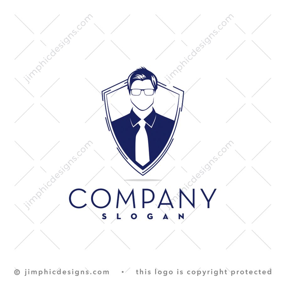 Corporate Shield Logo logo for sale: Simplistic and modern shield outline featuring a neatly dressed person inside with glasses.