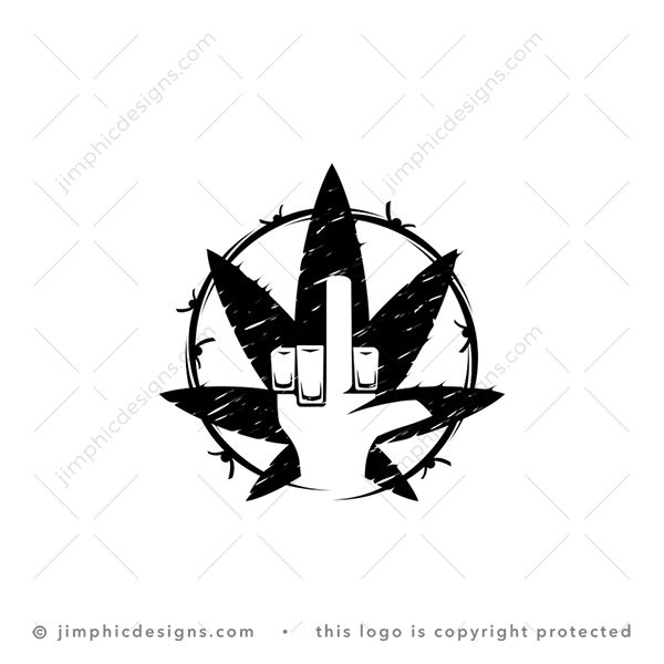 Screw You Cannabis Logo logo for sale: Cannabis leaf with a hand in the center and the middle finger up, surrounded with barbwire.