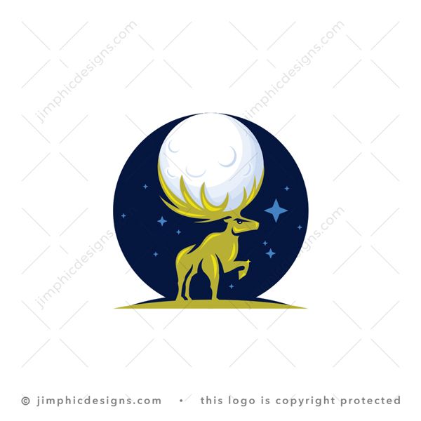 Deer Logo logo for sale: Smooth big golden deer standing proudly with his one leg in the air and his horns forming perfectly around the full moon.