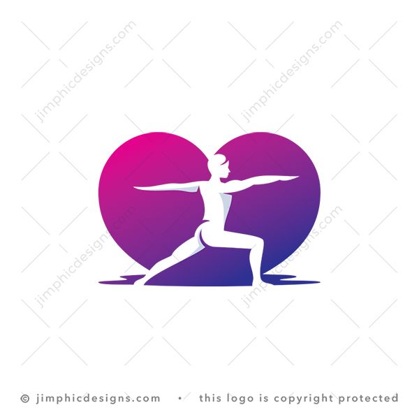 Love Yoga Logo logo for sale: Elegant person in a yoga position shaped with white negative space inside a melting heart.