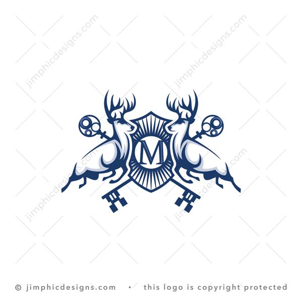 Deer Logo logo for sale: Two deer animals jumping towards each other with two keys in the background and a big letter M design in the center.