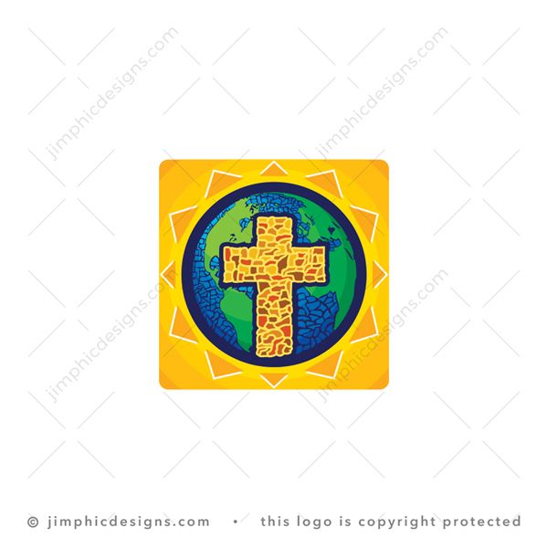 Mosaic Cross Logo logo for sale: Christian cross is shaped with fine mosaic pieces on top of the earth graphic which is also shaped with small mosaic pieces inside an app shape.