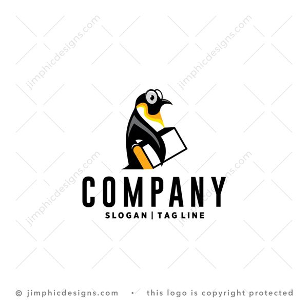 Smart Penguin Logo logo for sale: Cute penguin design walking with a big book under his fin and oversized glasses on his face.