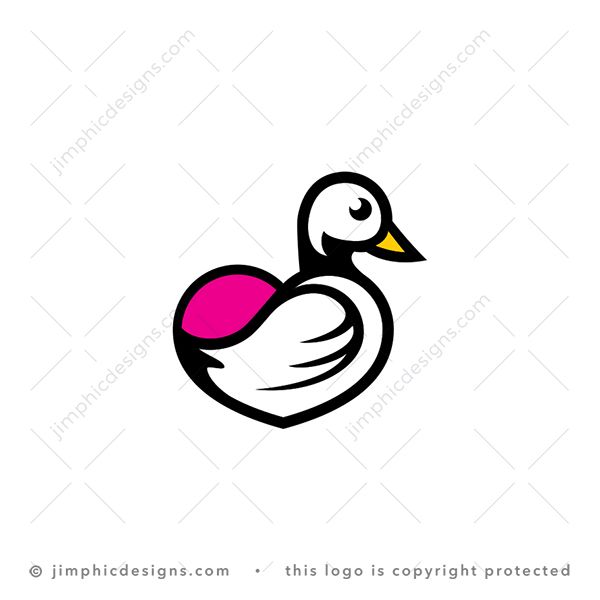 Duck Love Logo logo for sale: Modern and clean duck bird shaped perfectly into a heart design with a pink sun in the background.