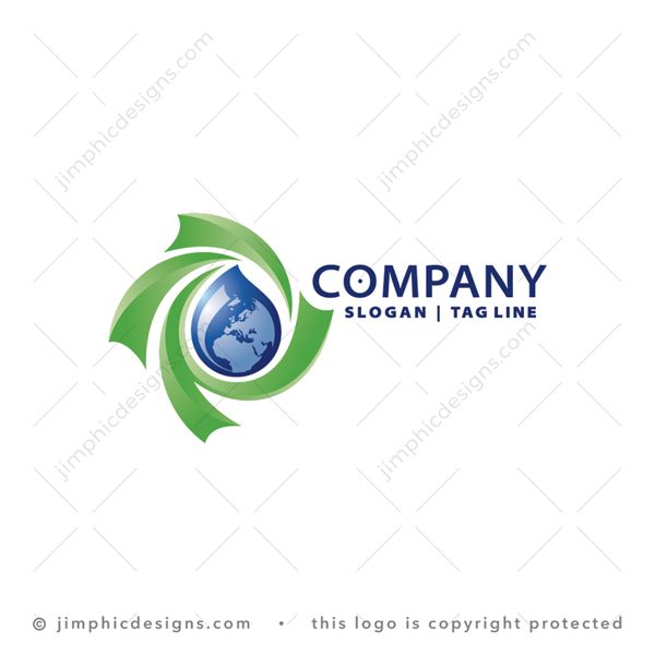 Water Drop Logo logo for sale: Modern water drop featuring the earth inside and green swoosh graphics surrounding.