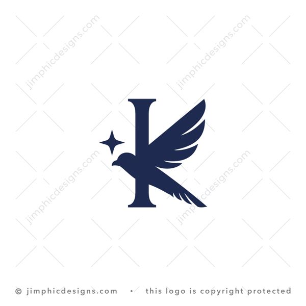 Bird K Logo logo for sale: Simplistic flying bird silhouette shaping the straight lines in the uppercase letter K.