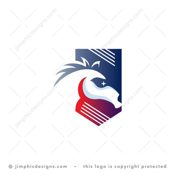 Horse Logo logo for sale: Modern horse head design in a moving motion inside an iconic crest shape.