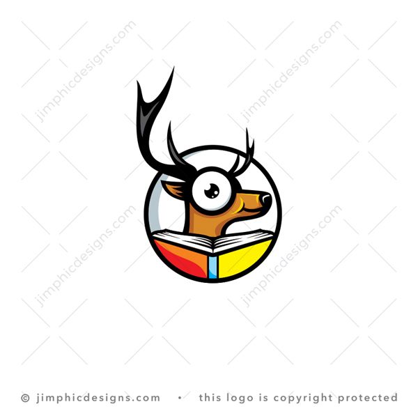 Smart Deer Logo logo for sale: Cute and playful young deer with big reading glasses in front of a big book inside a circle.