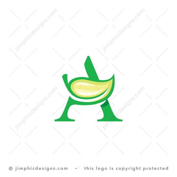 Leaf A Logo logo for sale: Modern sans serif letter A design featuring a big leaf sprouting from one leg.