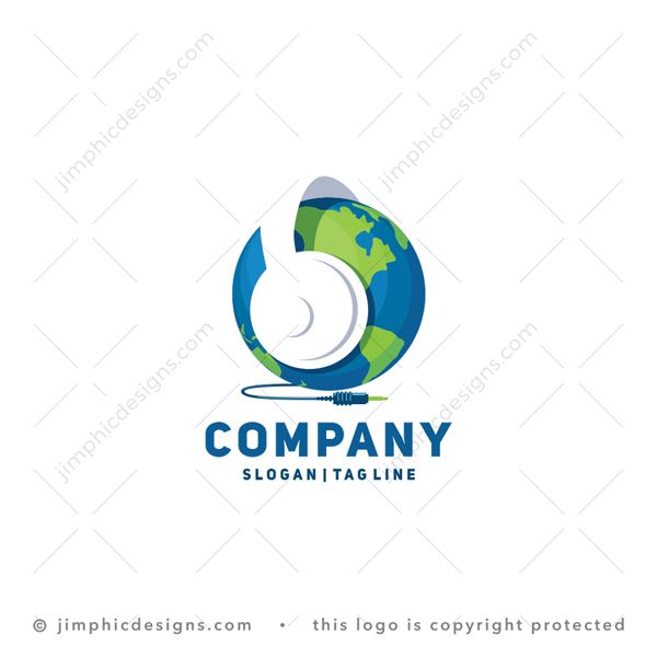 World Music Logo logo for sale: Modern world globe graphic with a white negative space headphones on the round shape.