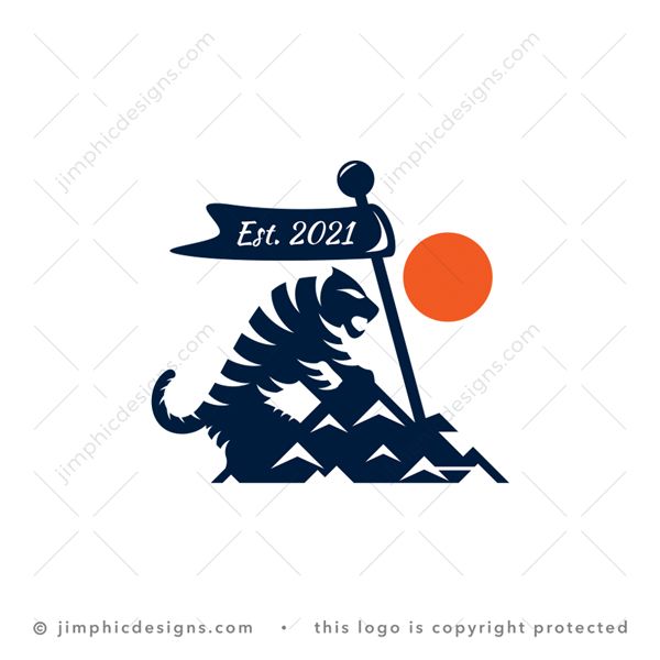 Tiger Flag Logo logo for sale: Sleek tiger standing on a steep mountain at a flagpole planted into the ground.