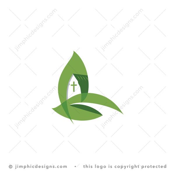 Leaf Church Logo logo for sale: Two elegant transparent leaves on top each other shapes the pathway to a church building.