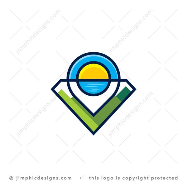 Diamond Travel Logo logo for sale: Iconic location marker design shaped inside a bold diamond shape featuring sharp green mountains. The transparent location marker is cut in half to represent the sun and ocean.