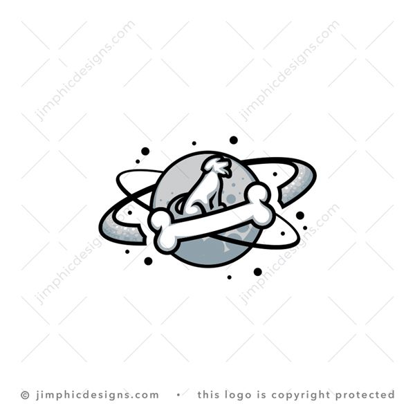 Dog Planet Logo logo for sale: Modern space scenery with a dog sitting on a big bone orbiting around a planet.