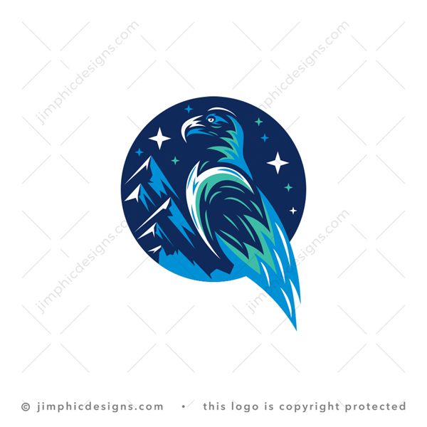 Eagle Logo logo for sale: Modern eagle design sitting in a circle with mountains and stars in the background.